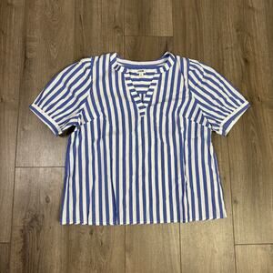 J.Crew Short Sleeve Poplin Top WMNS XL Blue White Stripe V-Neck Pullover Stretch